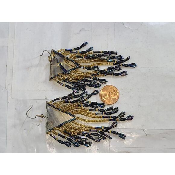 Vintage Big Abalone Shell Glass Seed Bead Chandelier Earrings 4" - Picture 10 of 10